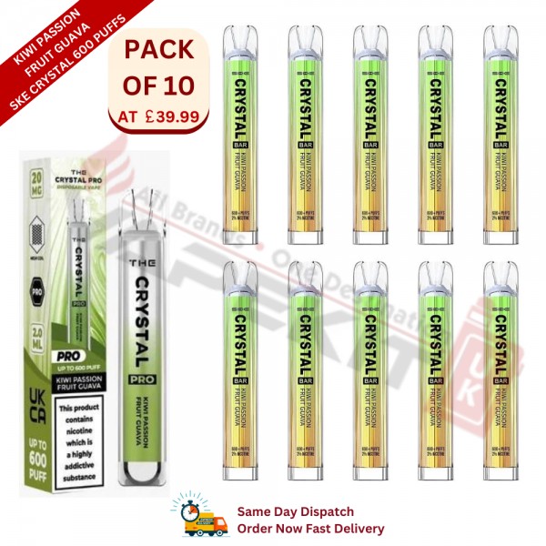 Kiwi Passion Fruit Guava SKE Crystal 600 Puffs Prefilled Vape Device 10 Pack