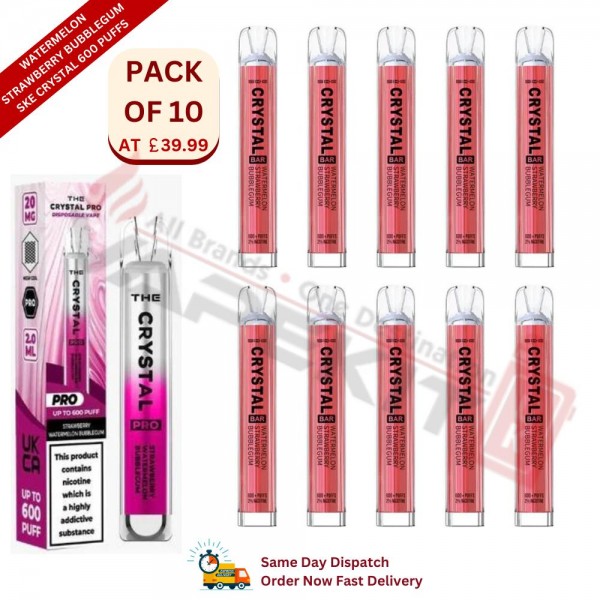 Watermelon Strawberry Bubblegum SKE Crystal 600 Puffs Prefilled Vape Device 10 Pack